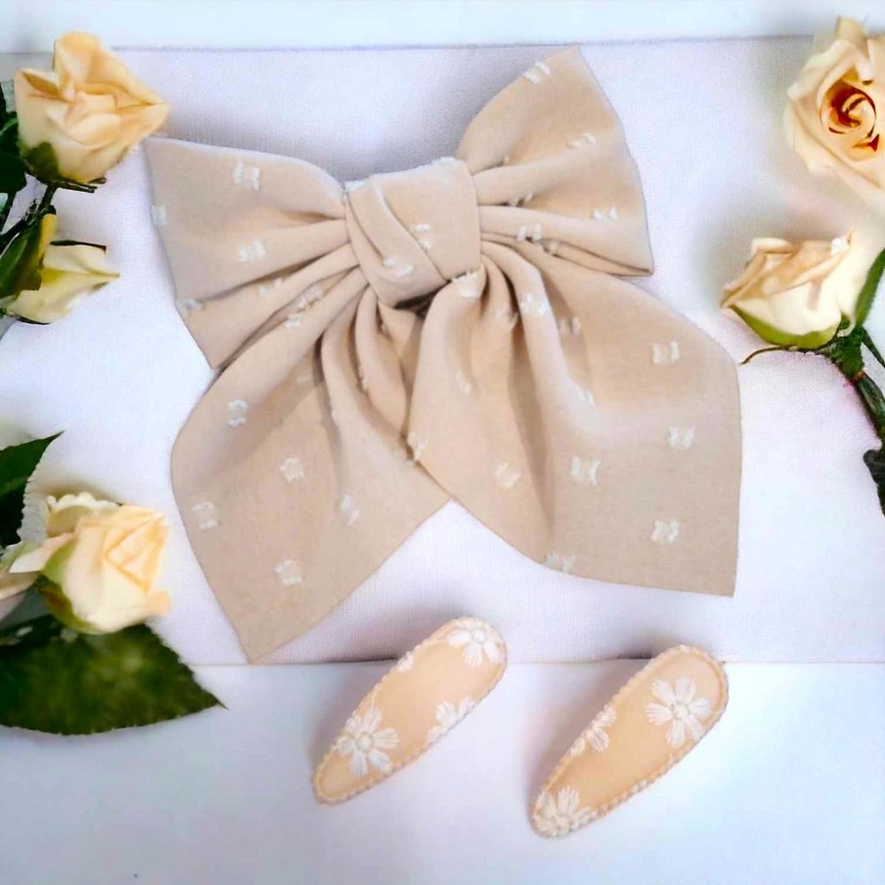 Beige Floral Hair Bow Clip Set